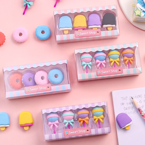 Children's creative simulation eraser 4 cute boxed leather erasers for students, dessert shaped pencil erasers, small stationery gifts