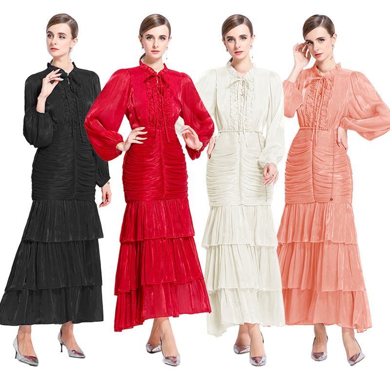 8815 Real Shot of a Dress with Patchwork Lantern Sleeves and Ruffled Long Gown