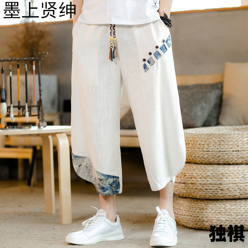 Summer Stitching Linen Casual Pants Men's Loose plus size Cotton and Linen Chinese Style Capri Pants