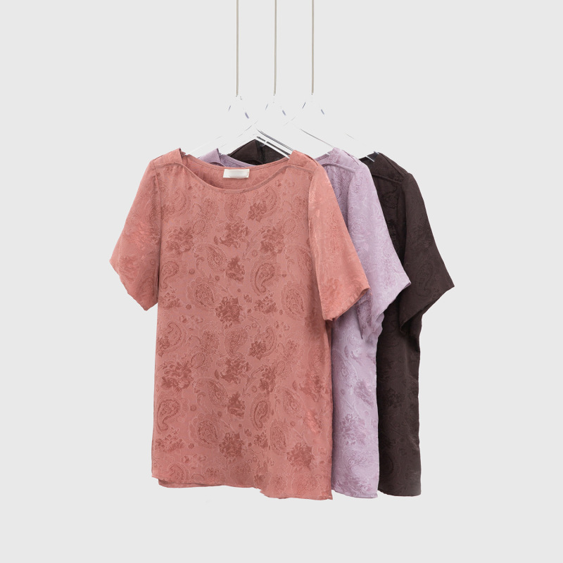 Silk Short-Sleeve T-Shirt for Women, Four-Thread Twill, 100% Mulberry Silk Jacquard, Off-Shoulder Top, New Summer Style