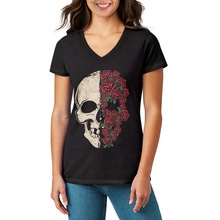 亚马逊爆款玫瑰骷髅头图案印花来图制定ins风女士大码V领T恤