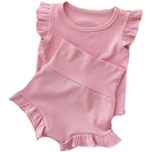 Baby onesie summer children's home wear set for girls, with wood ear edge top, high-waisted belly protection two-piece set