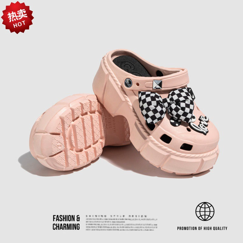 Новые пещерные туфли наступают на дерьмо женские летние банты шахматные доски дома нескользящие пляжные толстые подошвы увеличены женские пещерные туфли