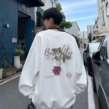 玫瑰印花圆领卫衣男秋季美式高街hiphop复古潮牌青少年高级感外套