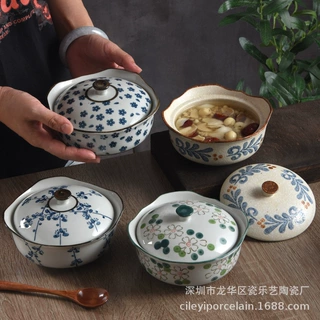 陶瓷复古6英寸带盖陶瓷碗泡面水蒸碗家用宝宝放烫炖盅碗精致碗
