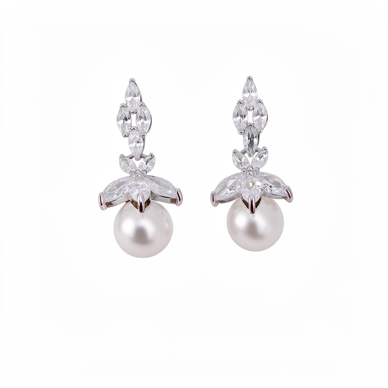 Agujas de plata, flores, perlas, perlas, temperamento diario, pendientes de aretes de lujo ligero, pendientes de alta calidad, al por mayor.