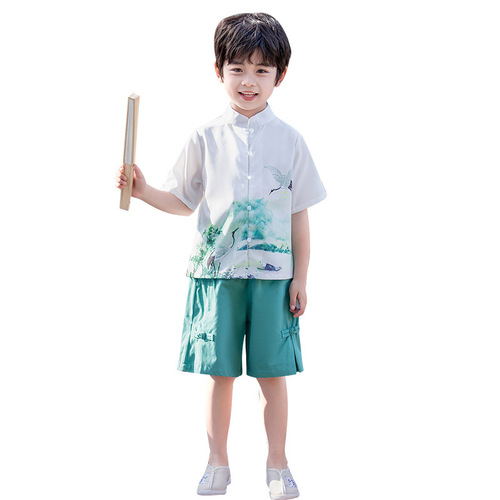 Children's summer short-sleeved Hanfu suit, boy's Tang suit performance suit, baby's western style Chinese style ethnic retro