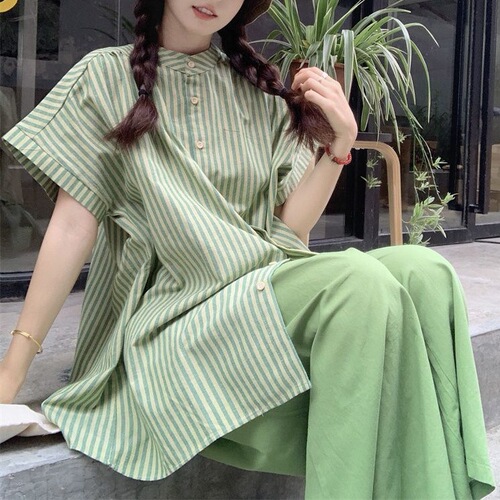 Japanese mint mambo suit for women's summer 2026 new style short-sleeved striped shirt, high waist and wide leg culottes, two-piece set