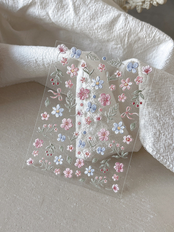日系浮雕美甲贴纸网红新款莫奈花园油画小野花DIY蝴蝶结指甲贴纸|undefined
