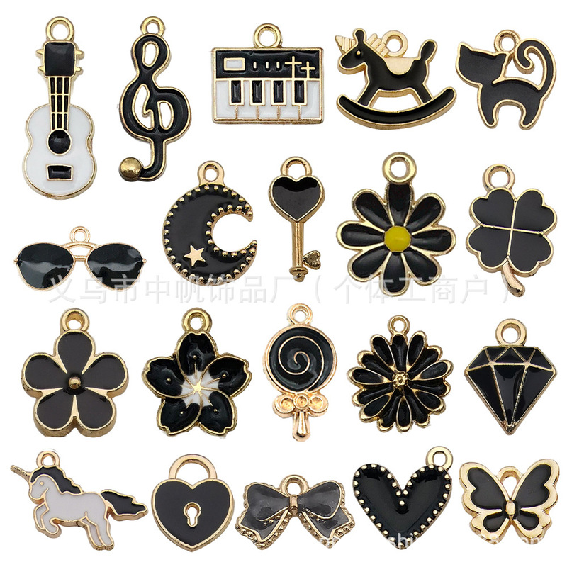 Mixed Set of 20 Black Enamel DIY Jewelry Accessories: Heart, Flower, Musical Note, Key Pendants, Necklace and Earring Charms Mixed Set of 20 Black Enamel DIY Jewelry Accessories: Heart, Flower, Musical Note, Key Pendants, Necklace and Earring Charms