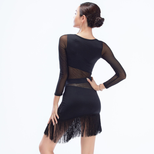 black long sleeves fringed Latin dance dress women tassel Cha Cha dance dress practice dress