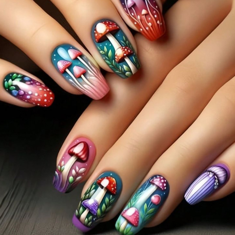 Wearable Medium-Length Ballet Manicure Patch Colorfulful Smudged Cute Little Mushroom Pattern Removable Fake Nails