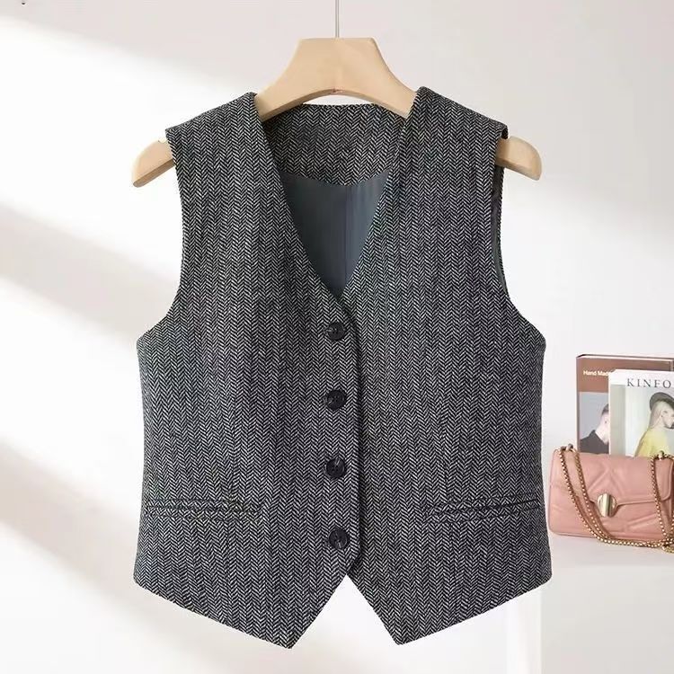 2026 British Style Vest Retro Old Money Style V-Neck Herringbone Pattern Women's Vest New Style Sleeveless Outerwear Vest Top