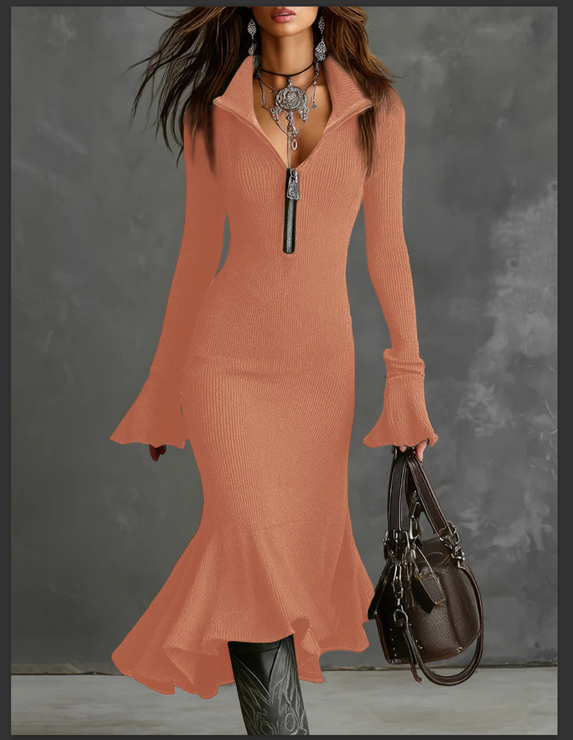 Autumn Fashion Elegant Zipper Collar Flared Sleeve Knitted Fishtail Skirt For Women American Style New 2026_ecoleips.com