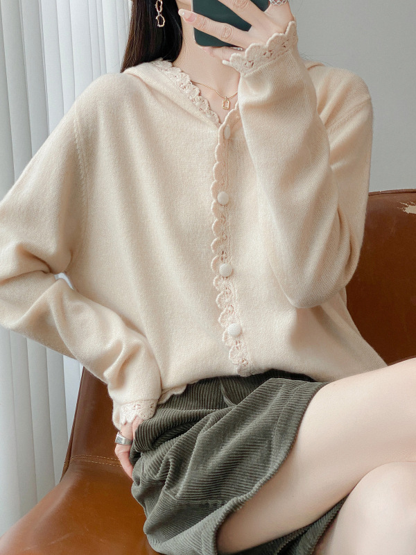 2025新款秋冬100%羊毛开衫女红色毛衣宽松慵懒风连帽打底衫外套|undefined