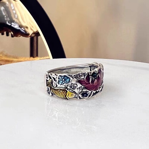 Ancient French ethnic style retro enamel oil craft white temperament lotus silver-plated ring classical literary index ring