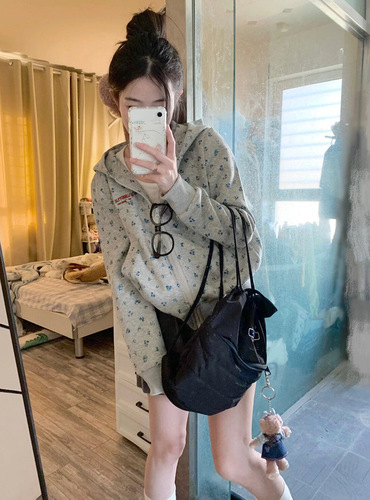 Women's American Retro Floral Hooded Sweatshirt Coat Spring and Autumn Casual Loose Design Fashion Versatile Cardigan