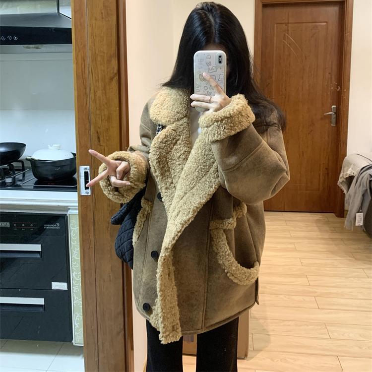 加厚皮毛一体羊羔毛外套女上衣秋冬机车服宽松皮衣慵懒