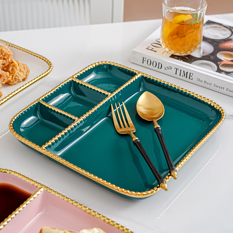 Estilo ins borde dorado con plato de vinagre Placa de dumpling hogar plato de merienda de tres rejillas de cerámica para una persona plato de desayuno de rejilla creativa