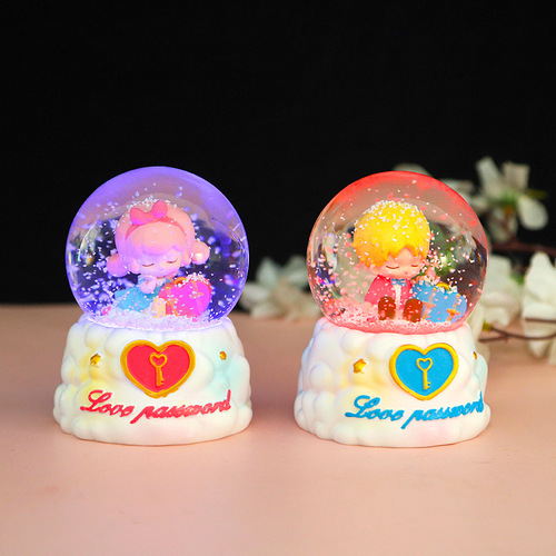 Cartoon Couple Glowing Snowflake Crystal Ball Music Box Creative Home Decor Gift for Boyfriend and Girlfriend, Birthday Present for Students