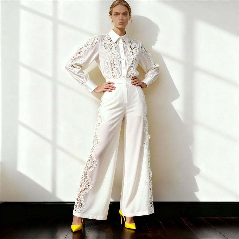 Shirt Wide-Leg Pants Suit, Stylish and Sophisticated, Heavy Craftsmanship, Water-Soluble Floral Lace, Hollow Design, New European and American Designer Women's Fashion