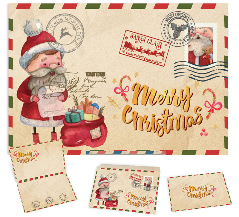 レトロ牛革クリスマスグリーティングカードクリスマスギフトカードかわいい漫画折り返しカード祝福メッセージカード封筒付き|undefined