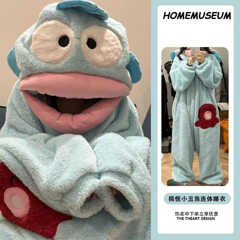Cute and Funny Clownfish Pajamas for Autumn and Winter, Hanton One-Piece Couple's Thickened Coral Fleece Cartoon Loungewear for Men and Women