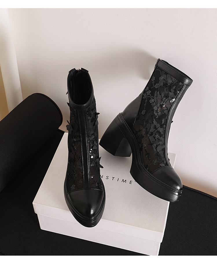 Boot nữ cổ thấp mũi nhọn gót 10 cm đế xuồng ren hở mùa hè — màu đen, màu trắng ngà chi tiết 23