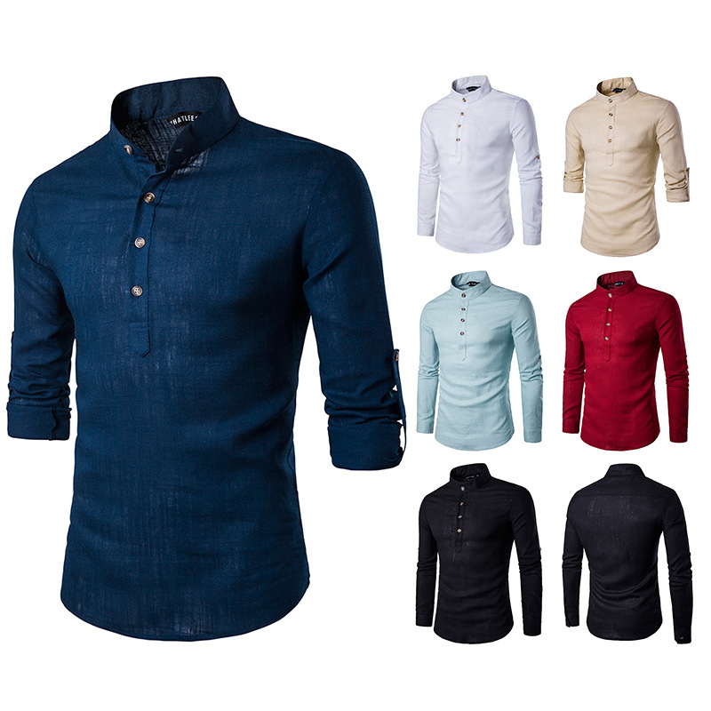 Amazon transfronterizo nuevos hombres de tamaño europeo de color sólido de algodón y lino camisa de manga larga Henry Collar de lino de color sólido camisa de cuello alto