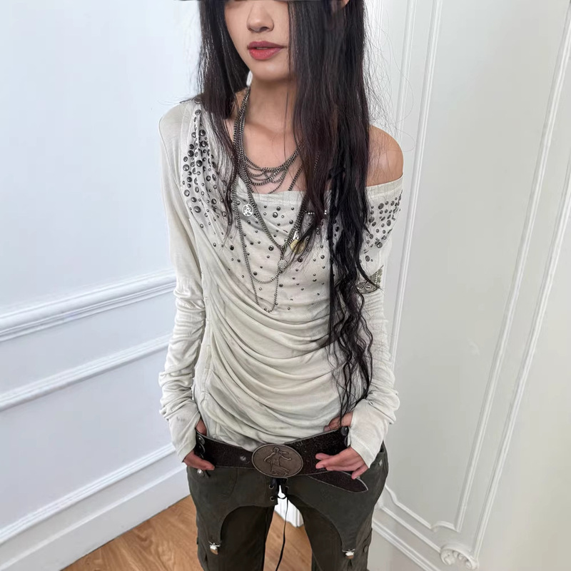 Amazon Autumn European and American Cross-Border Retro Aesthetic Women's Fitted T-Shirt Y2K Spicy Girl Versatile Off-Shoulder Top Wholesale