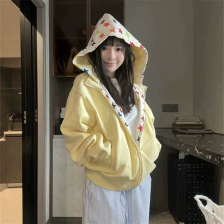国潮牌彩色星星拼接连帽卫衣女春秋季宽松美式学院风情侣开衫外套