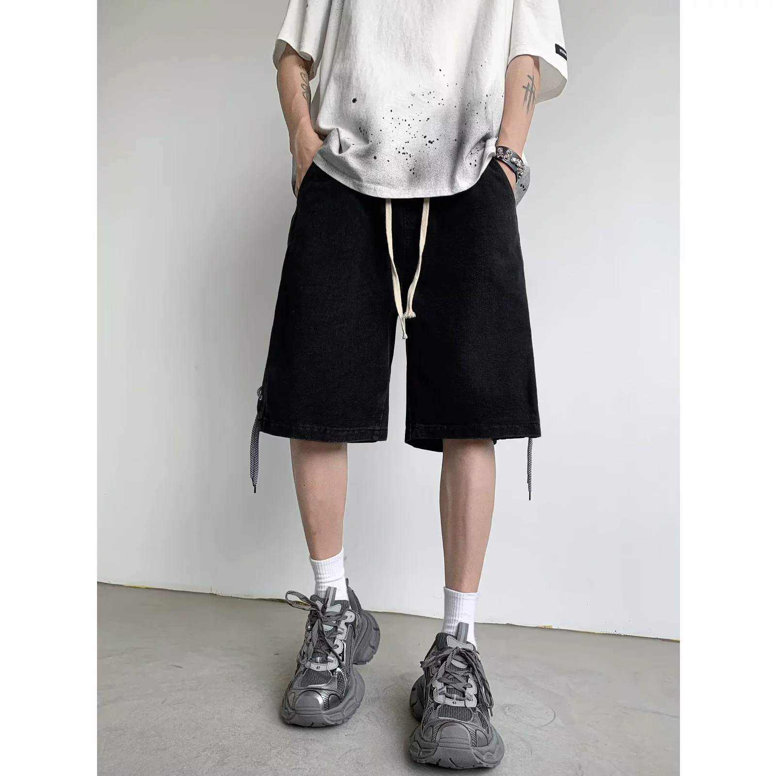 Джинсовые шорты с ремешком мужские дизайнерские штаны нишевые свободные vibe прилив летом тонкий повседневный ретро-укороченные брюки