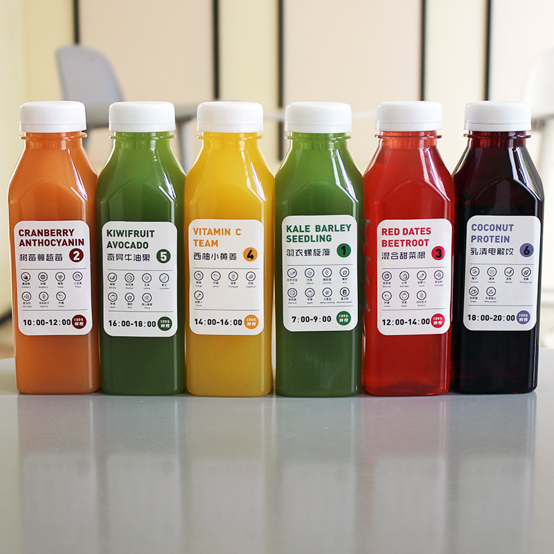 Botella de jugo de frutas y verduras en ayuno ligero, botella de agua supermodelo, botella de bebida desechable, taza de plástico recién exprimido PET, taza de té con leche
