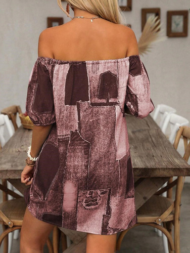 Women's 2025 Summer Cross-Border New Print Denim-Style Fashion Casual Vacation Lantern Sleeve Dress