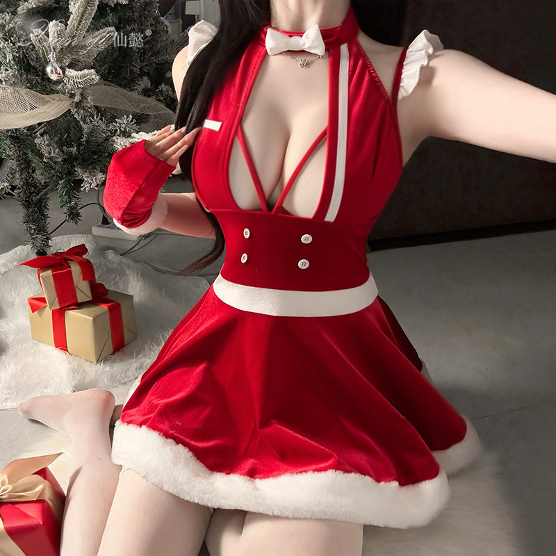 Xianyi Christmas Sexy Hollow Dress Red Velvet Pure Desire New Year Dress Performance Stage Performance Clothing 790