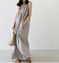 韓國夏季棉麻連衣裙新款無袖吊帶長款大擺連衣裙女