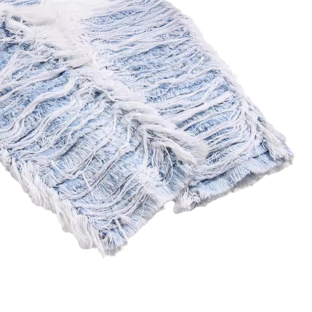 Herenkleding, trendy heavy duty gestapelde losse broek met kwastjes geborduurd gesneden haar en snor losse zoom jeans voor heren_voghion.com