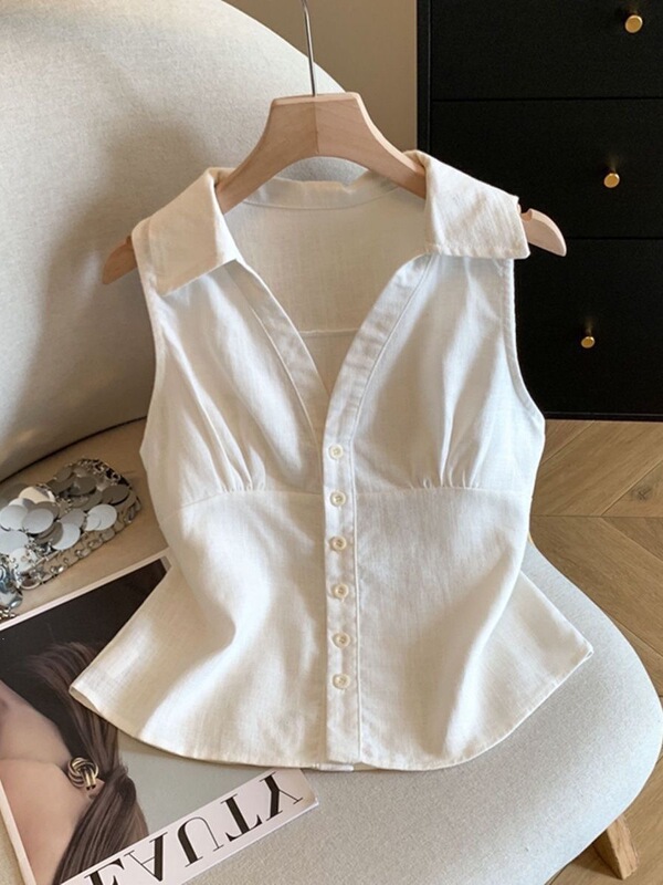 Korean Style Commuter Style Ramie Collar Sleeveless Versatile Shirt for Women, Summer French Style Waist-Cinching Slimming Vest Top