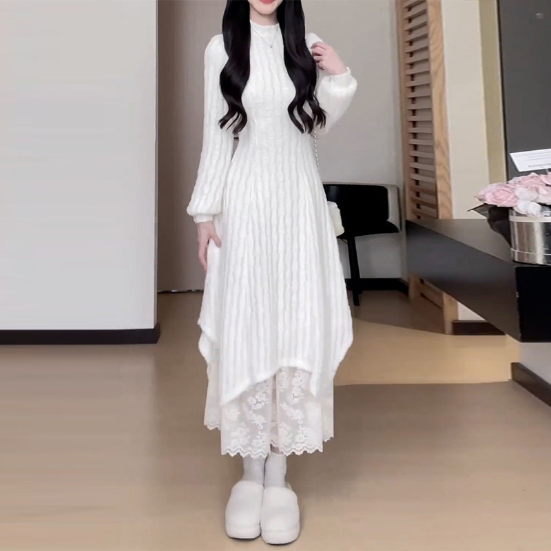 法式高级长袖白色连衣裙女秋冬配大衣内搭打底字裙蕾丝拼接长裙|undefined