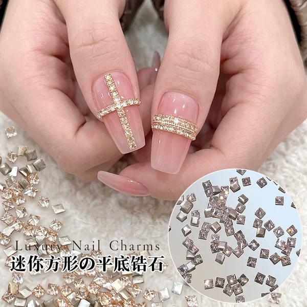Mini square zirconia flat-back rhinestones for nail art accessories, transparent white and champagne pink square rhinestones for DIY press-on nail decorations