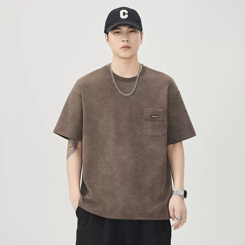 2025夏季新款复古层叠贴袋设计短袖T恤男宽松简约圆领半袖上衣t恤