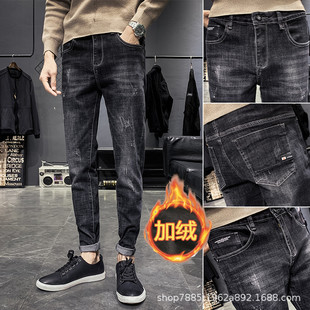 Fleece-lined black jeans men's fashion brand new slim fit skinny fleece-lined pants versatile casual trousers wholesale