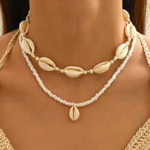 夏日度假海洋风米珠贝壳项链复古时尚百搭手工编织双层叠戴锁骨链