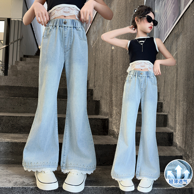 Girls' Thin Flared Pants 2025 Summer New Style Mid-Large Children's Western Style Girls' Pants Children's Stretch Jeans