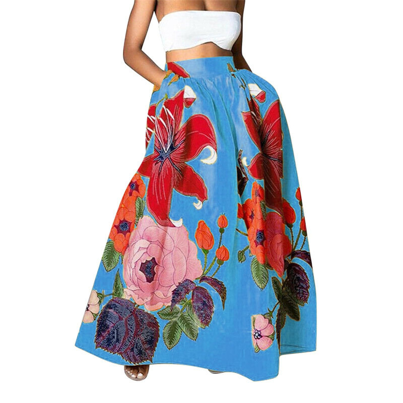 European And American Cross-border Foreign Trade Women's Skirt, Bohemian Floral Loose High-waisted Holiday Flared Pocket_ecoleips.com