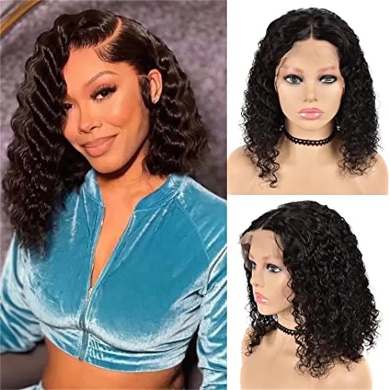 Comercio exterior Europa y América pelucas transfronterizas negras mano pequeña pelucas de cabello rizado corto de moda frente peluca de encaje wig