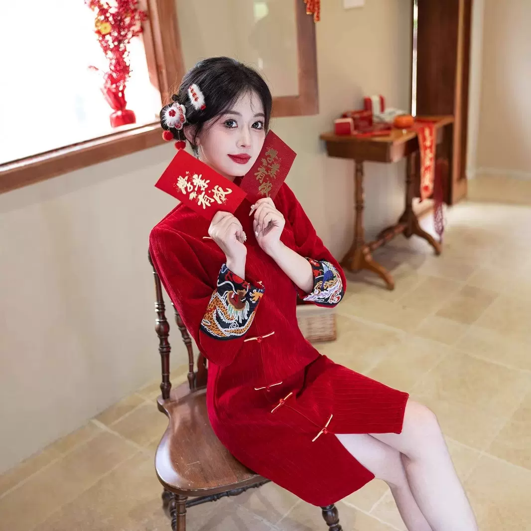2024秋冬红色加厚新款拜年国风秋冬季长袖敬酒服旗袍连衣裙直批发