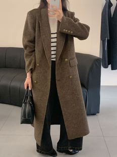 Han You copper-button double-breasted women's high-end shoulder-padded suit, extended Korean style double-sided wool coat, autumn and winter