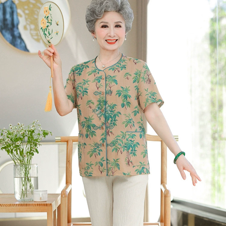 Мама одеваются 2024 Летний кардиган топ новый средний и пожилой женщины свободные рубашки с круглым вырезом костюм бабушки