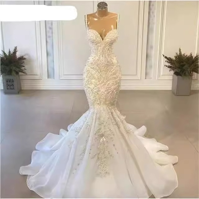 Women's Clothing Elegant Mermaid Wedding Dress With Beaded Lace, Strapless Corset Tie-Up Bridal Gown For Summer_voghion.com